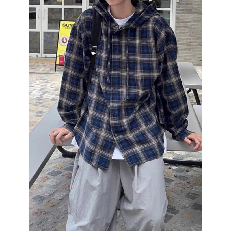 New Arrival American Vintage Grid Food Pay Men's Shirt Stylish High-end Fresh Color Matching Balanced Streetwear