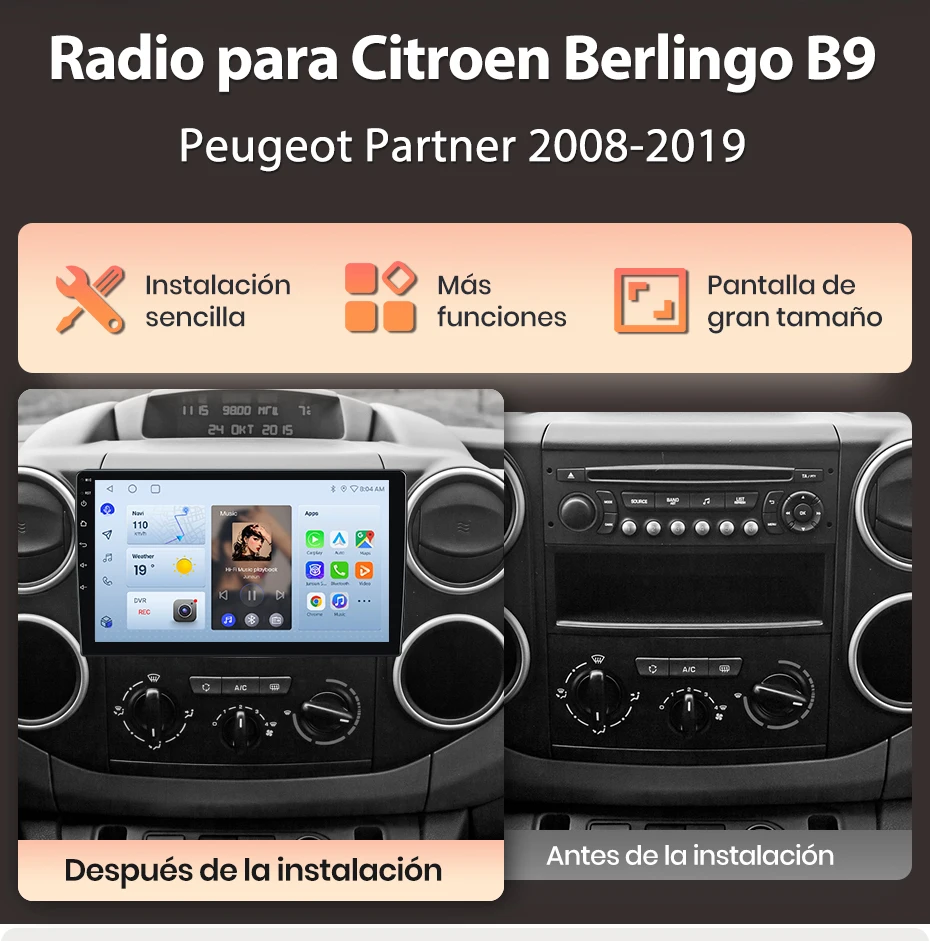 Junsun Wireless CarPlay Android Auto Autoradio für Citroen Berlingo Partner 2008-2019 Auto-Intelligentes System FM Spanisch Lokal – Detail 2