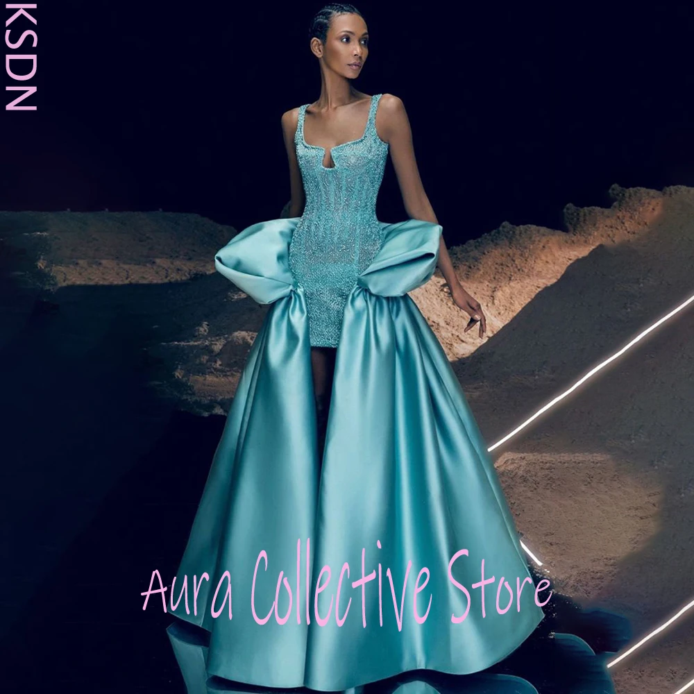 فساتين نسائية ساحرة بدون أكمام مطرزة باللون الفيروزي وياقة مربعة فستان حفلات أنيق فاخر للحفلات المسائية والولائم