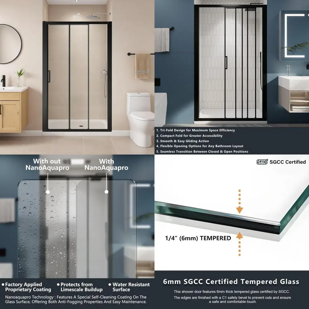 

44-48" w x 70" h tri-fold sliding shower door with 1/4" clear tempered glass for spacious entry