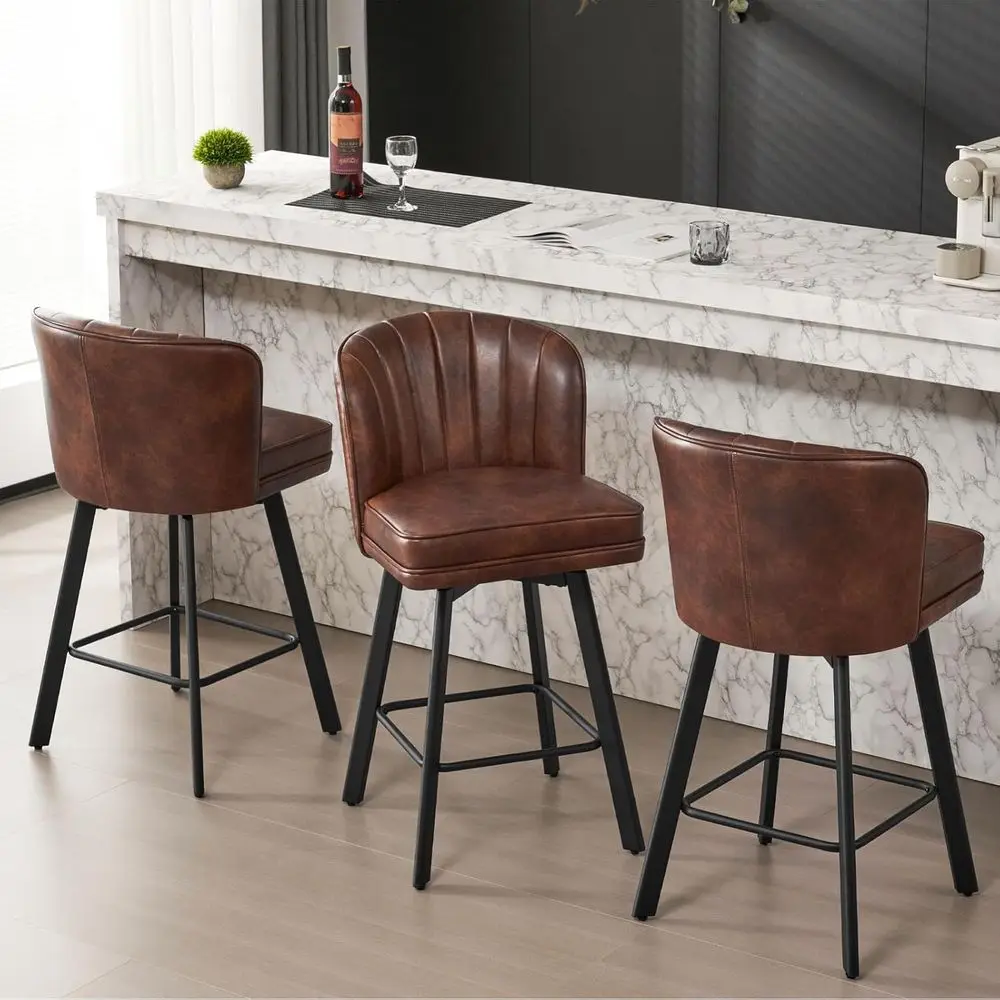 

Set of 3 26 Swivel Bar Stools with Backs, Metal Legs, Upholstered Seats, Leather-Look Brown Chairs for Kitchen Islands