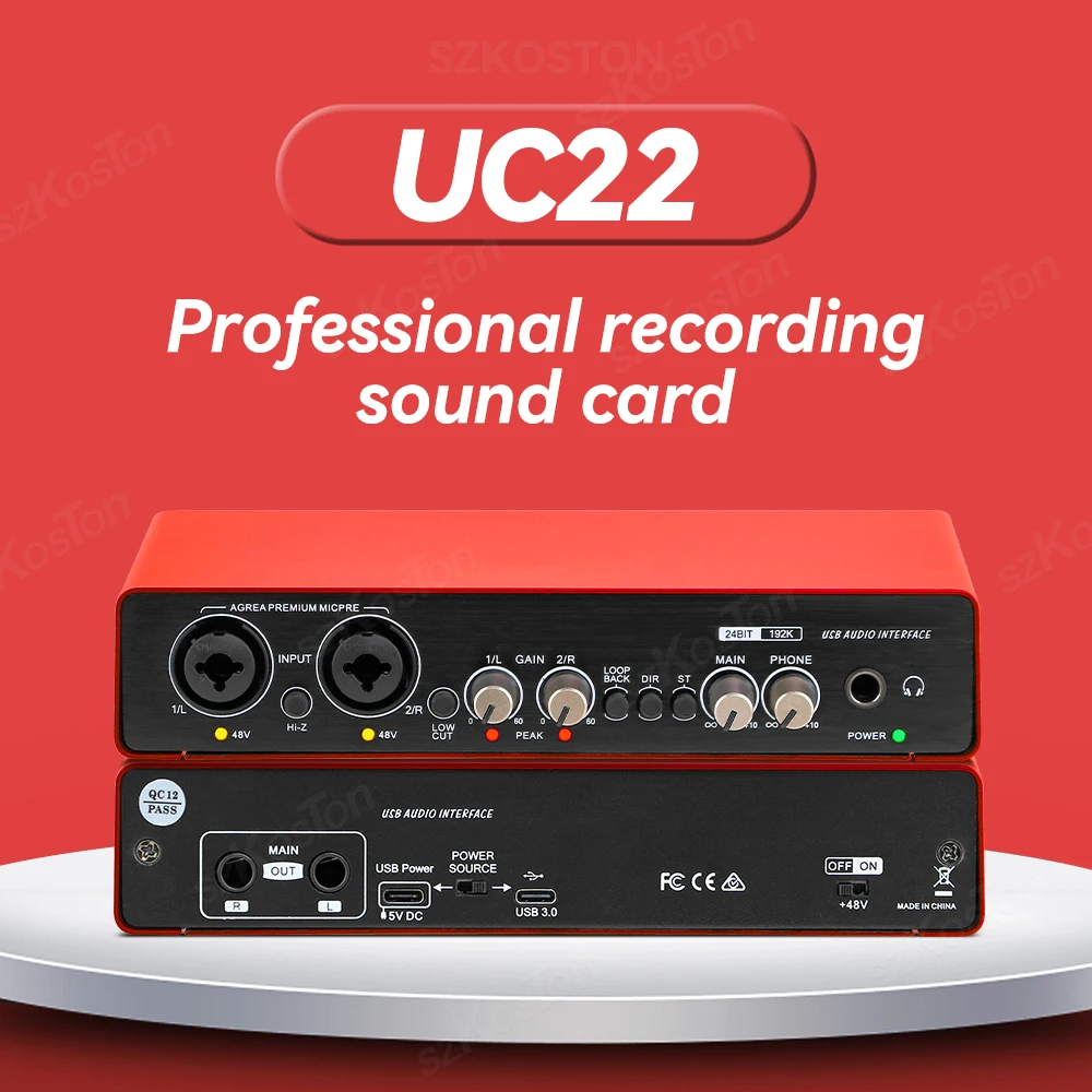 UC22 Audio Interface Recording Sound Card 48V Phantom Power Electric Guitar Sound Mixer Professional Mixing Console Studio Live