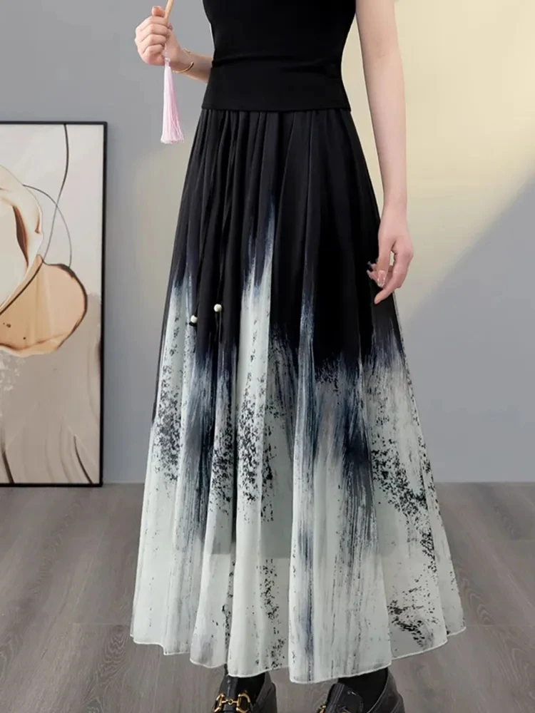 New Chinese style midi Skirt, 2024 Spring Summer Skirts,Casual Women's Clothing, Retro High Waist ink gradient Long Skirt,