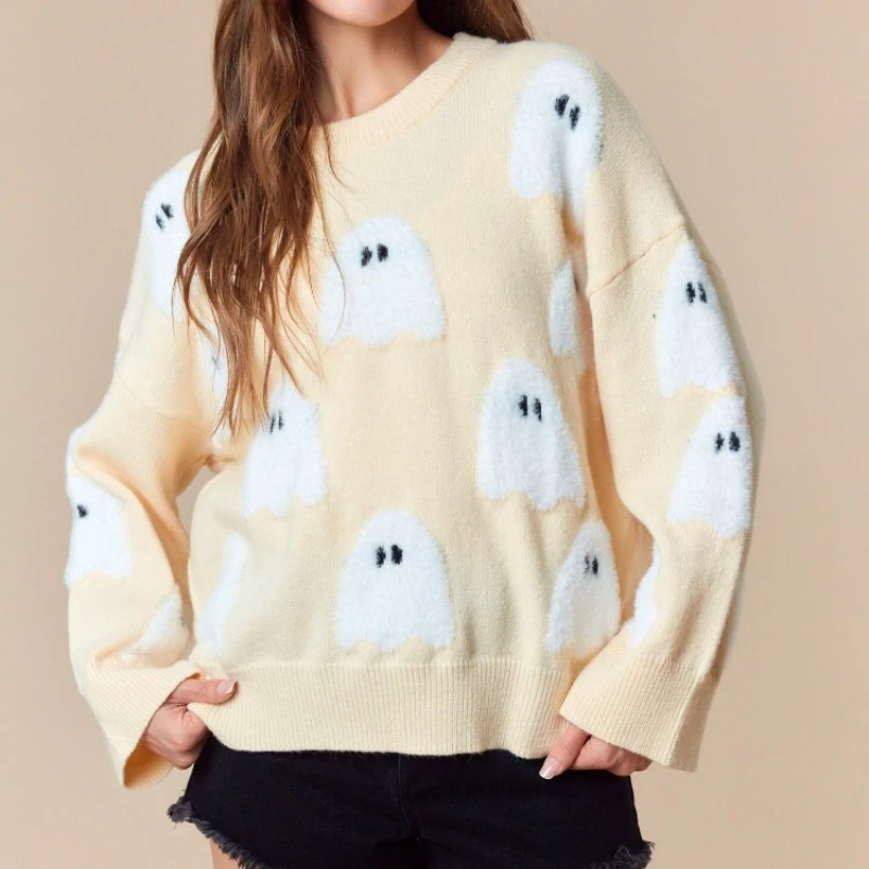 

Halloween Fall Winter New Knitted Pullover Sweater Female 2025 Ghost Stitching Long-sleeved Sweater Casual Top Women's Clothing