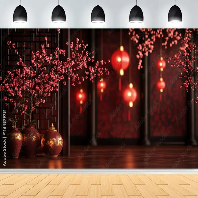 Элегантный китайский новогодний декор фотографии фонов красные фонарики цветы украшенные весенним праздничным фото фон DL-04
