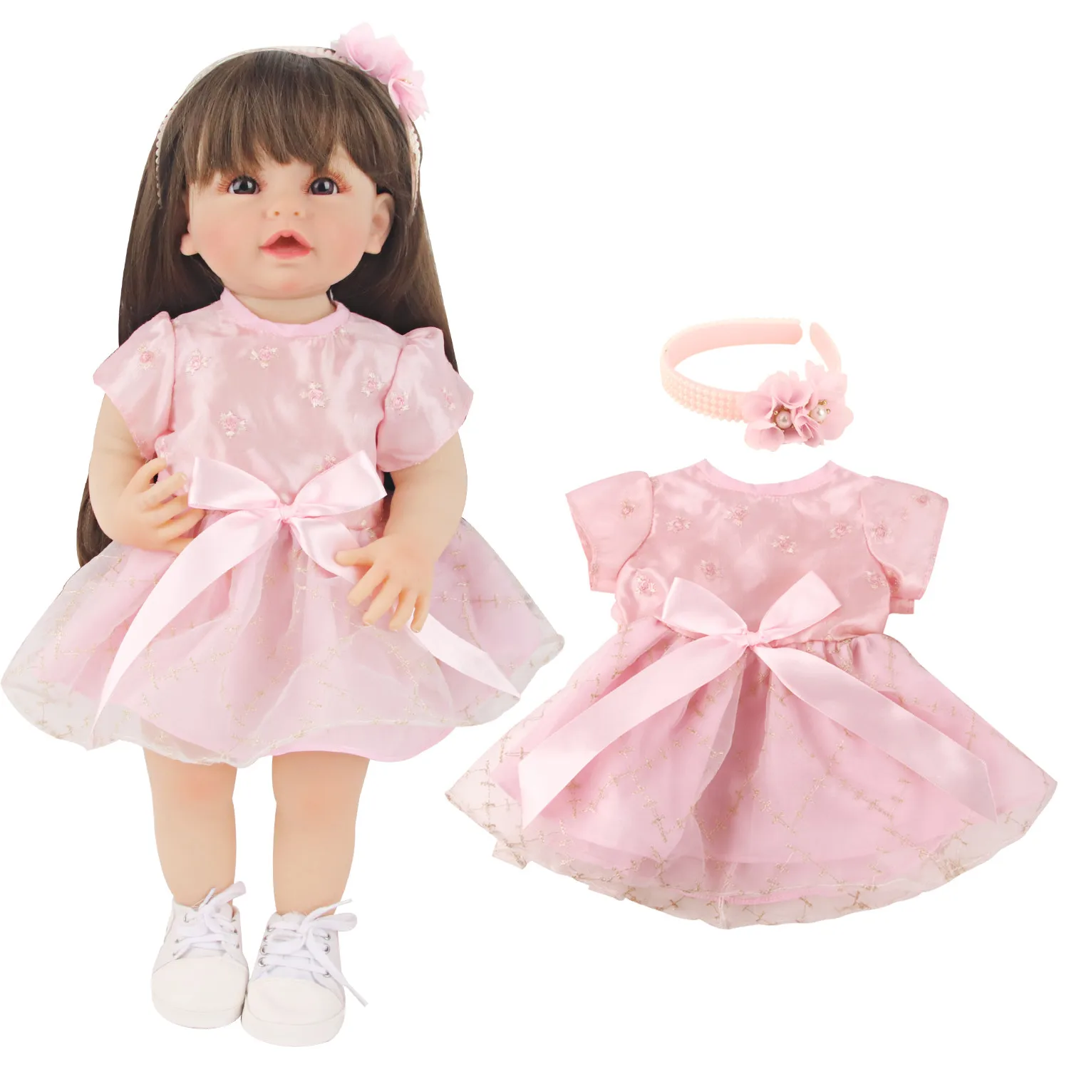 Niedliche rosa Prinzessin Puppe Kleid Set für 22 Zoll wieder geborene Mädchen Puppe Rock Haarband Schleife Anzug für 55cm Baby neugeborene Mädchen Puppen Spielzeug