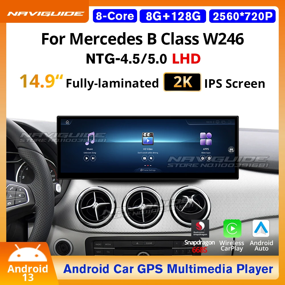 NAVIGUIDE 10.25'' 14.9'' Android 8+128G For Mercedes B Class W246 LHD 2013-2018 Carplay Auto Multimedia Player GPS Navi Headunit