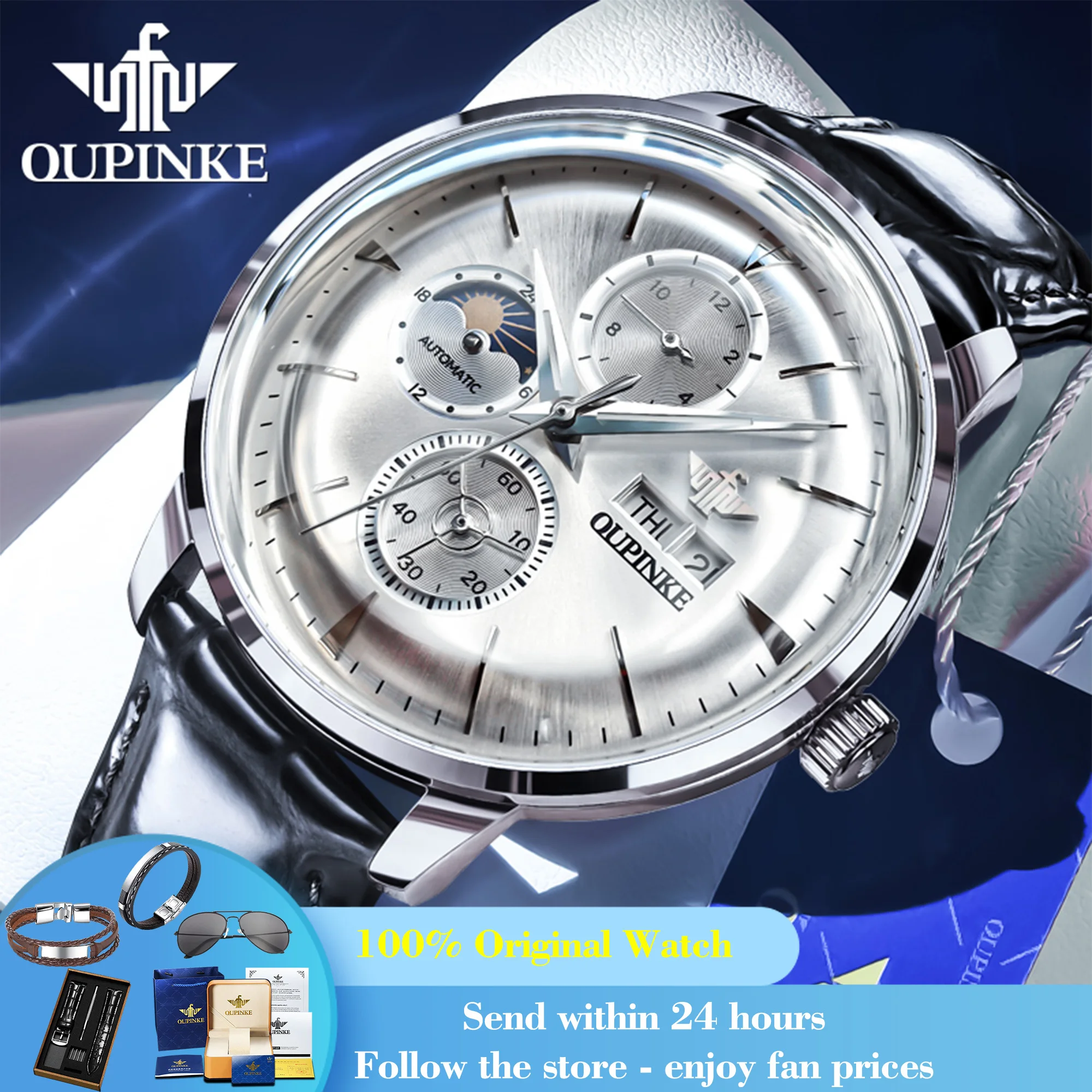 

OUPINKE 3309 Automatic Watch Men Deep Waterproof Calendar Fashion Business Man Wristwatch Moon Phase Mechanical Watch For Men