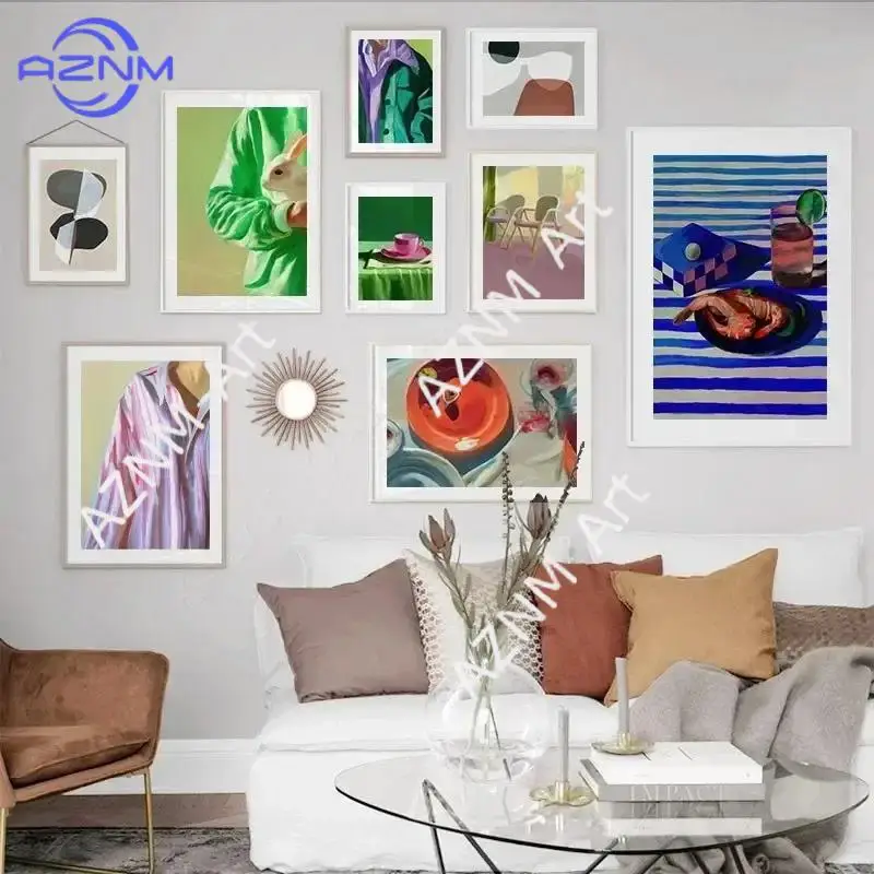 Stuhl Moderner Poster-Wandkunstdruck Abstraktes Bild Leinwandgemälde für Wohnzimmer Küche Streifen Garnelen Geometrie Abendessen