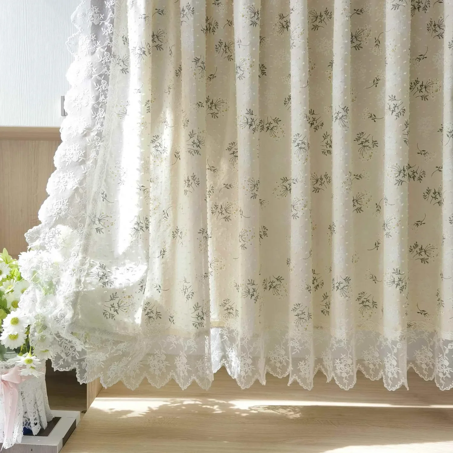 

Leaf Printed Curtain Short Valance Curtain for Kitchen Cafe Partition Pastoral Lace Small Window Curtain Half Door Restaurant