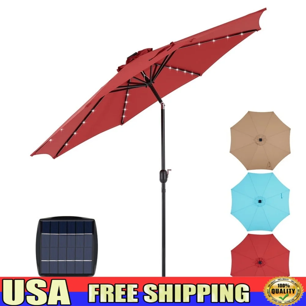 

10ft Solar LED Lighted Patio Umbrella with Tilt Adjustable UV Resistant Fabric Garden Pool Cafe Outdoor Use