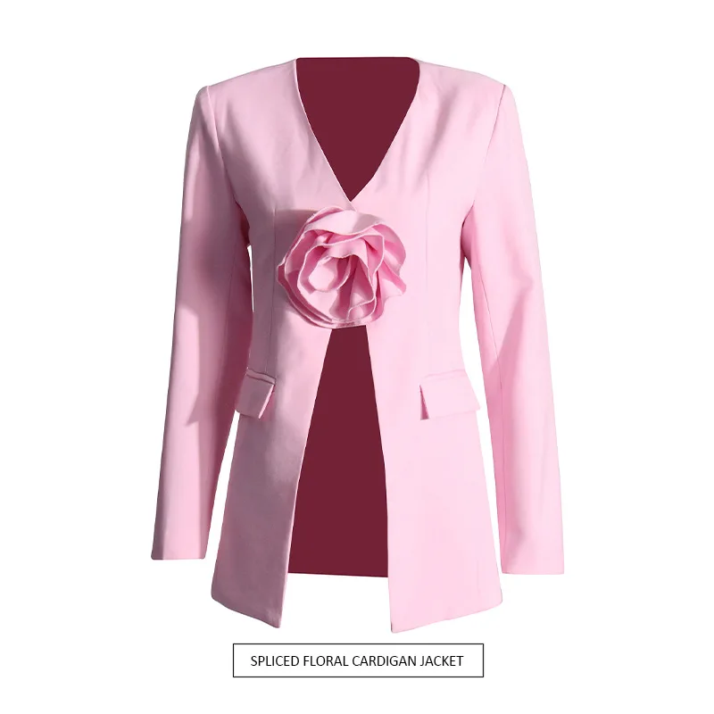 

Sexy celebrity V-neck single-button cardigan jacket 2025 new design sense splicing flower blazer women
