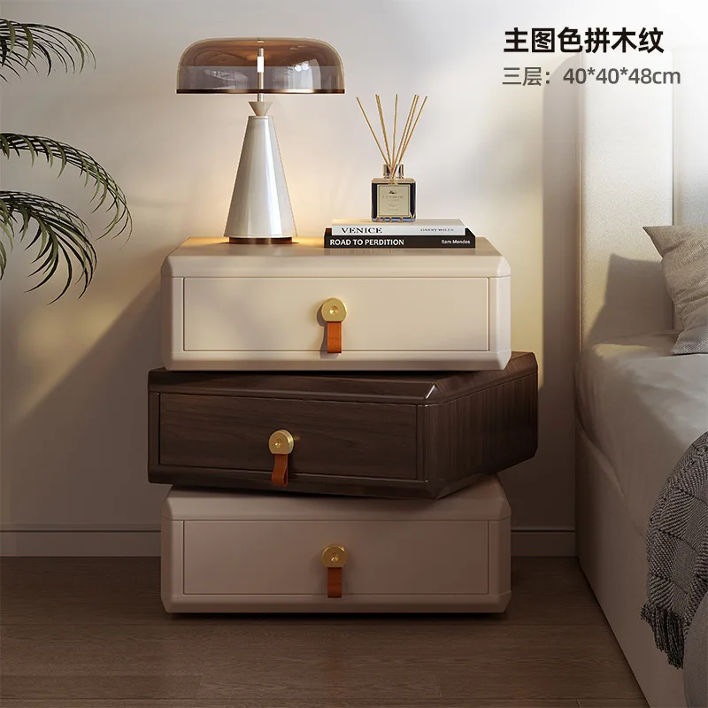 Mesita de noche creativa, moderna, ligera, de lujo, de alto sentido, casillero giratorio de madera maciza para dormitorio, novedad de 2024