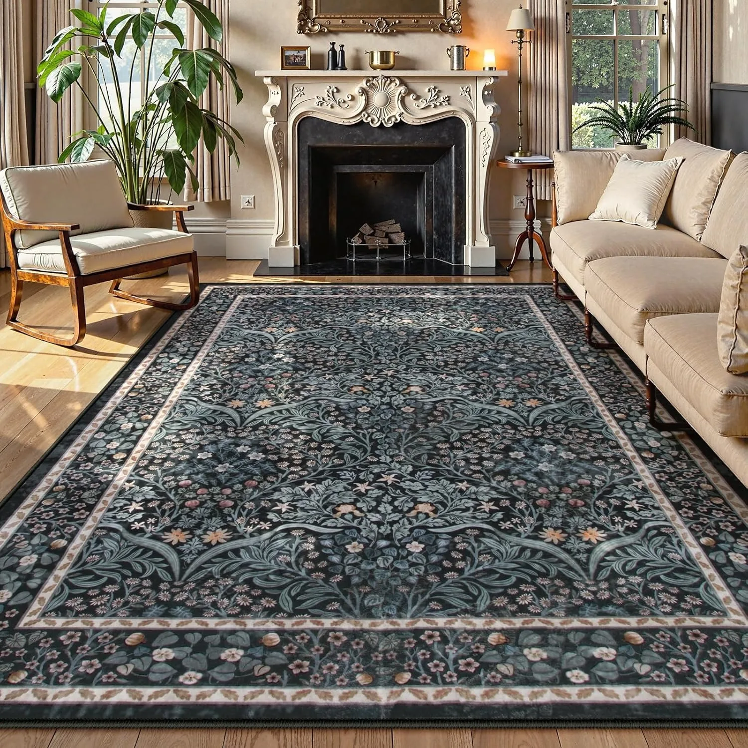 Green Botanical Printed Living Room Carpet Soft Machine Washable Floor Mat Bedroom Bedside Rug Modern Home Decoration Ковер 러그