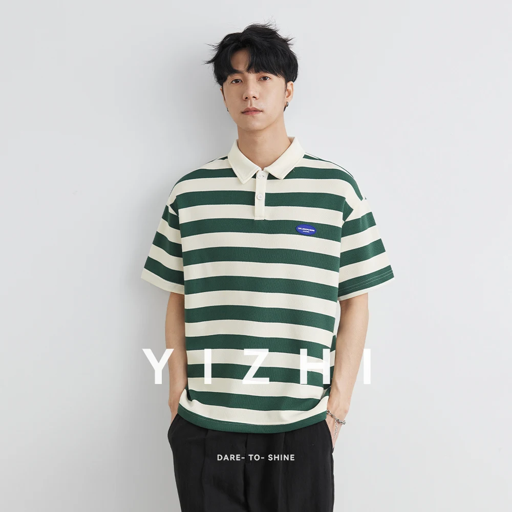 

Fashion Men's Striped Short Sleeve T-shirt 2025 Summer New Lapel Polo Shirt Heavy Casual Loose Half Sleeve Top Men POLO Shirt