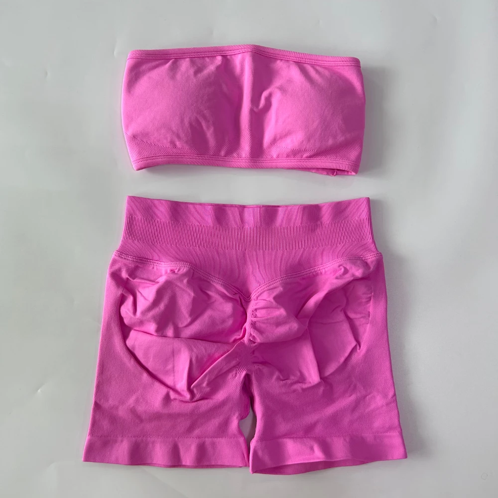 No Logo Women 2 Pieces Yoga Set Backless Bandeau Sports Bra Scrunch Shorts Yoga Clothing Gym Set Workout Clothes Outfits Sets - Image 4