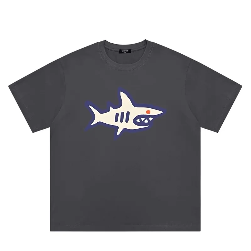ZAZOMDE Preppy Style Simple Cartoon Shark Print Short Sleeve T Shirt Unisex Loose Fit Round Neck Casual Outdoor Basic Tees Tops