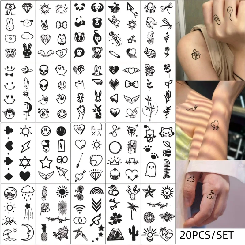 20 גיליונות/סט עמיד למים קעקועים זמניים טרנדיים ראליסטיים Qos חתול יהלומים מיני זויף מדבקות קעקוע מיני מדבקות לנשים אצבע