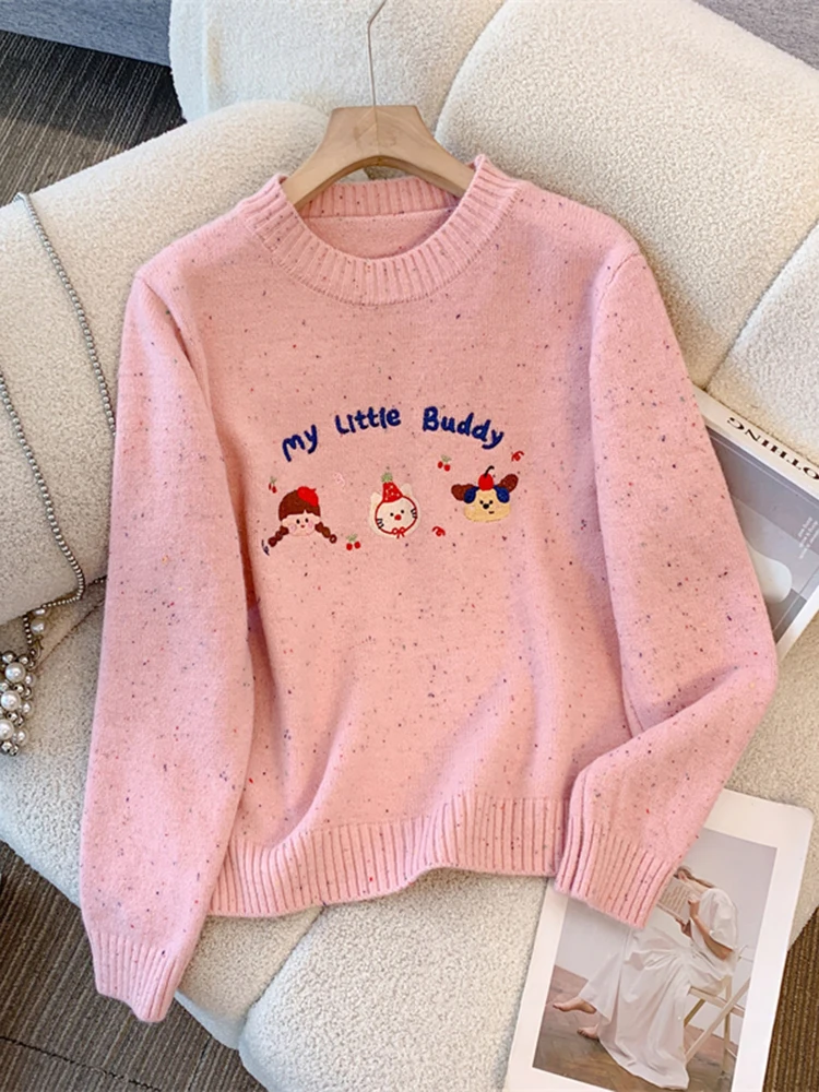 

Korean Fashion Student Cartoon Embroidery Pullover Sweater Winter New Casual Long Sleeved Loose Women's Sweet Knit Sweater