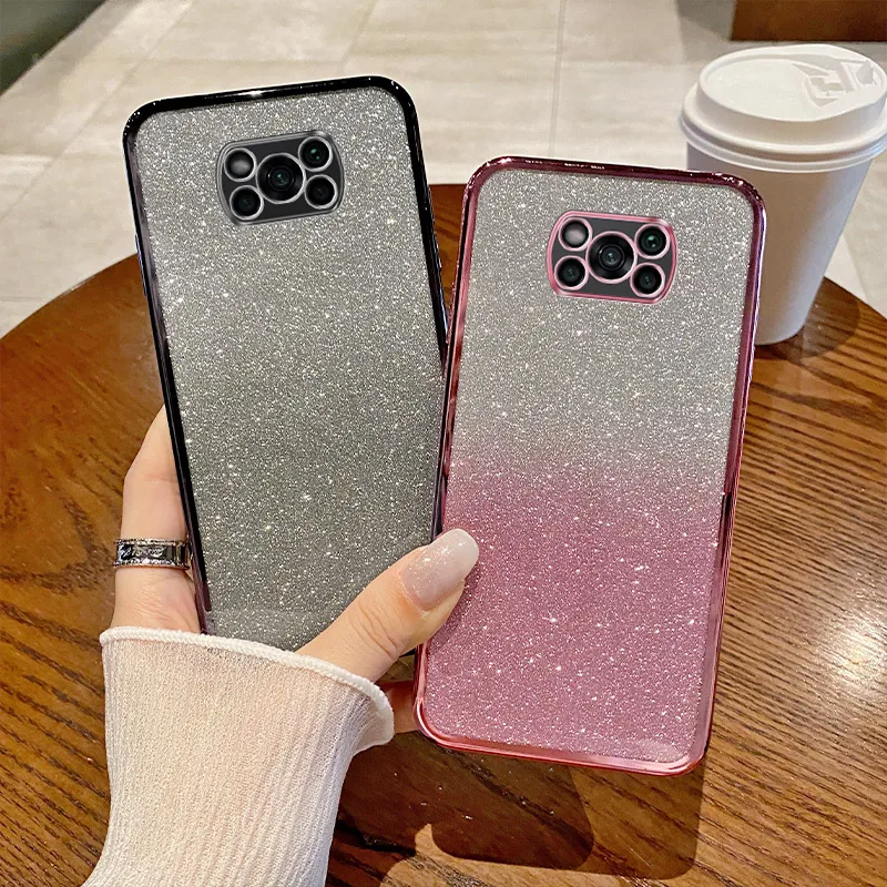 For Xiaomi Poco X3 Pro Case Xiaomi Poco X3 NFC Phone Case Shiny Glitter Plating Silicone Camera Lens Soft Back Cover