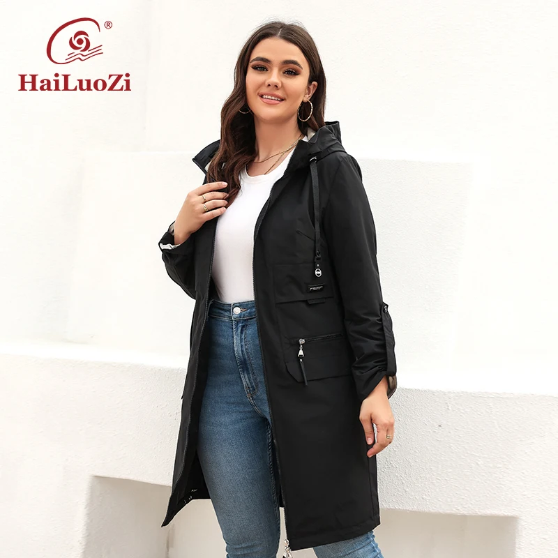 

HaiLuoZi Spring Autumn Hood Zipper Windbreaker Women's Mid-Length Trench Coat 2022 Plus Size Female Big Pockets Outerwear 9663