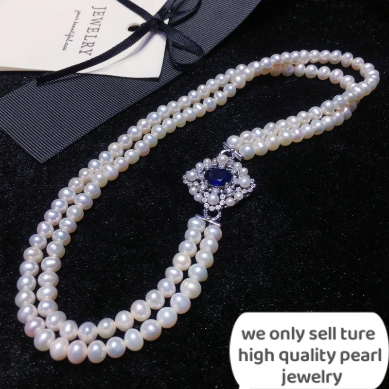 8mm flawless vintage 925sliver pearl Jewelry ture nature freshwater Pearl classic double-deck necklace for Women Girl's jewelry