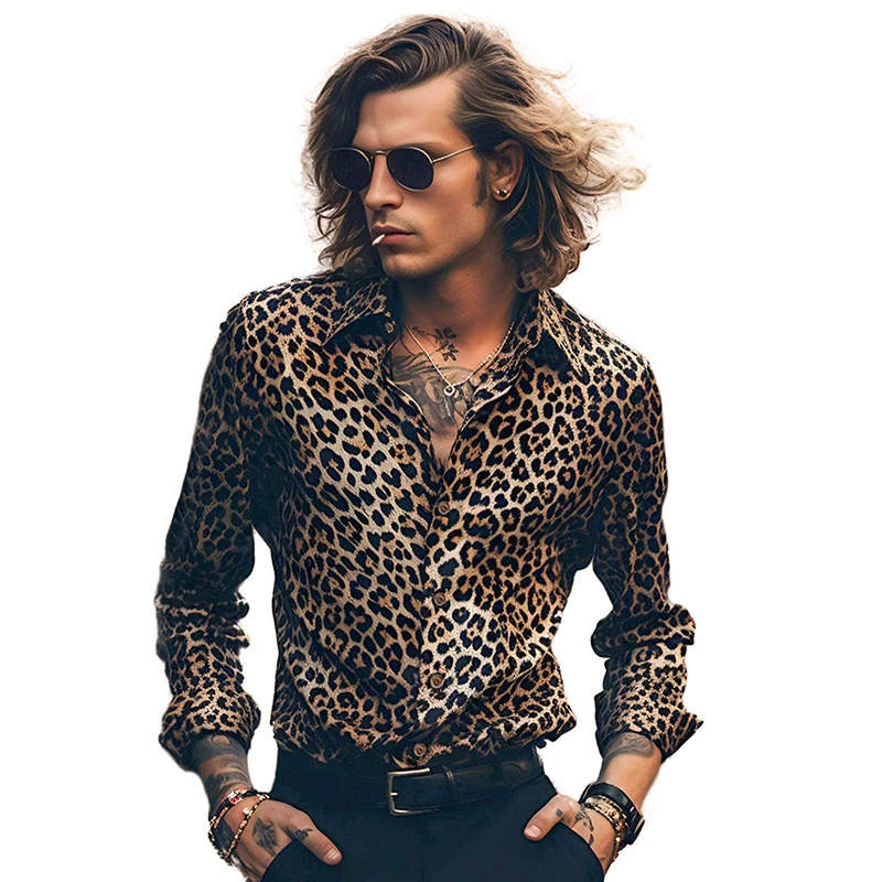 Men\'s Fashion Leopard Print Long Sleeve Shirt Party Club Personality Lapel Loose Button Shirt Hip-hop Shirt Tops Men Clothing