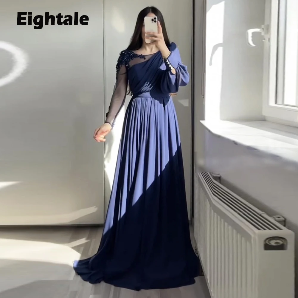 Eightale Mid Night Blue Evening Dresses for Wedding Party Long Sleeves Appliques Beaded Chiffon Arabic Customized Prom Gowns