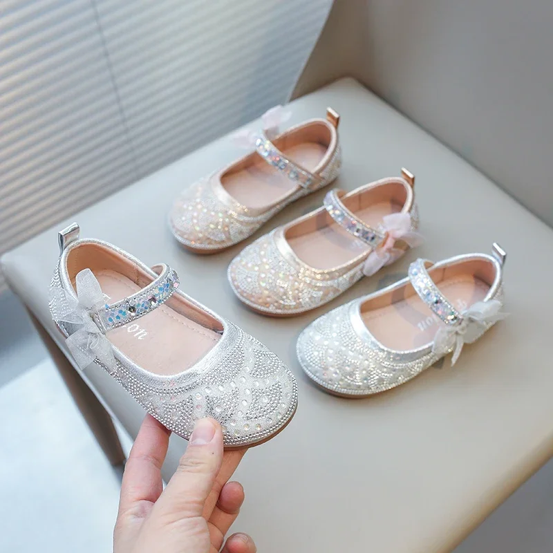 

Girls Casual Shoes Kids Princess Flats for Wedding Party Flower Girl Dress Shoes Rhinestone with Bow-knot Sweet Soft 2024 Spring