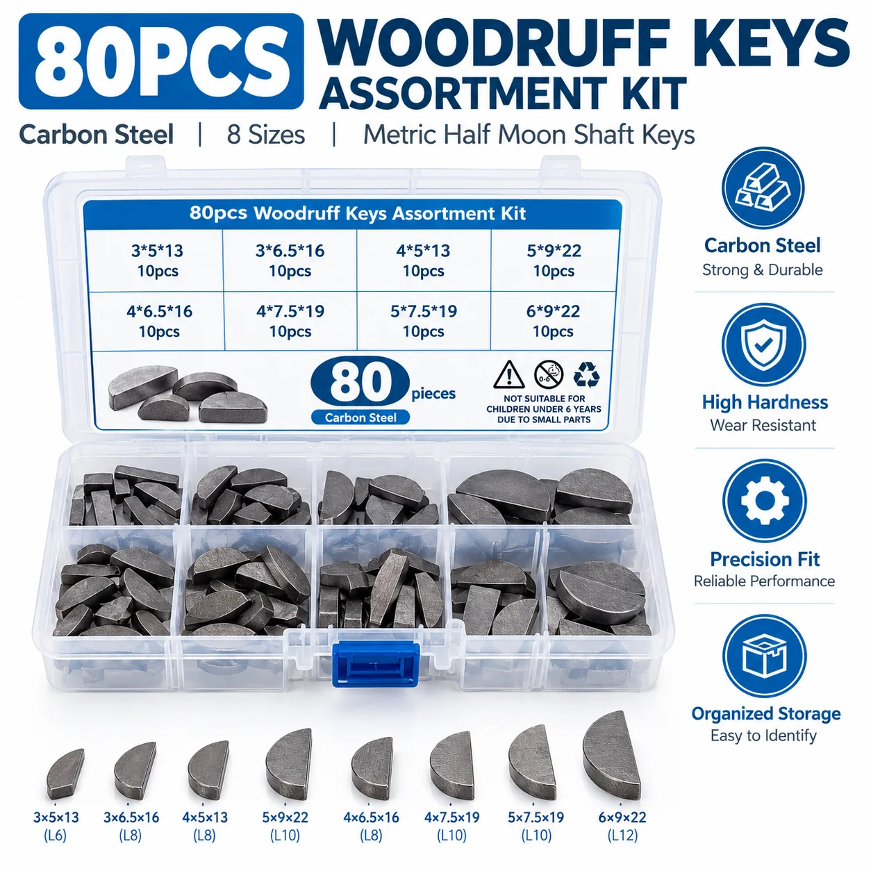 80pcs Carbon Steel Woodruff Keys Assortment Kit Metric Half Moon Shaft Keys for Mechanical Industry