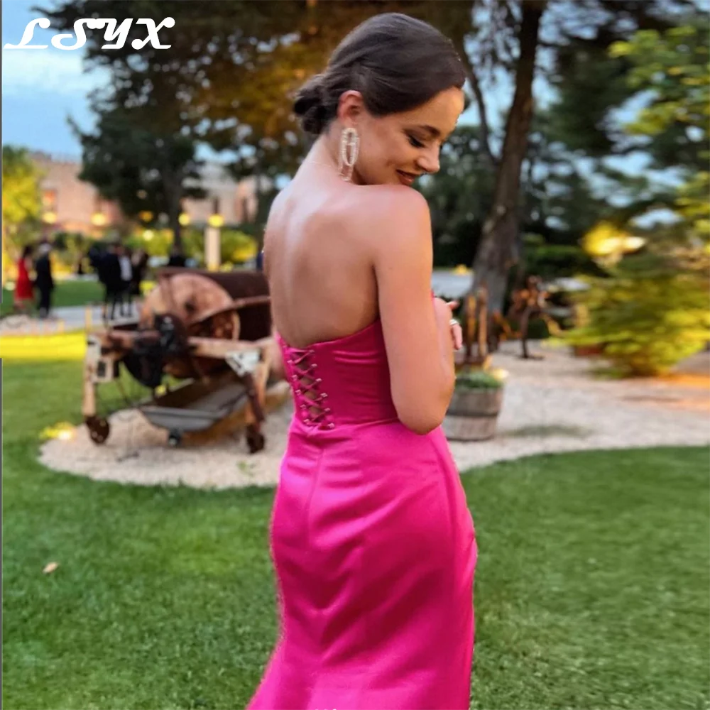 LSYX elegante abito da festa di nozze rosa 2023 senza maniche senza spalline fasciatura senza schienale lunghezza del pavimento abito da sera in raso a sirena