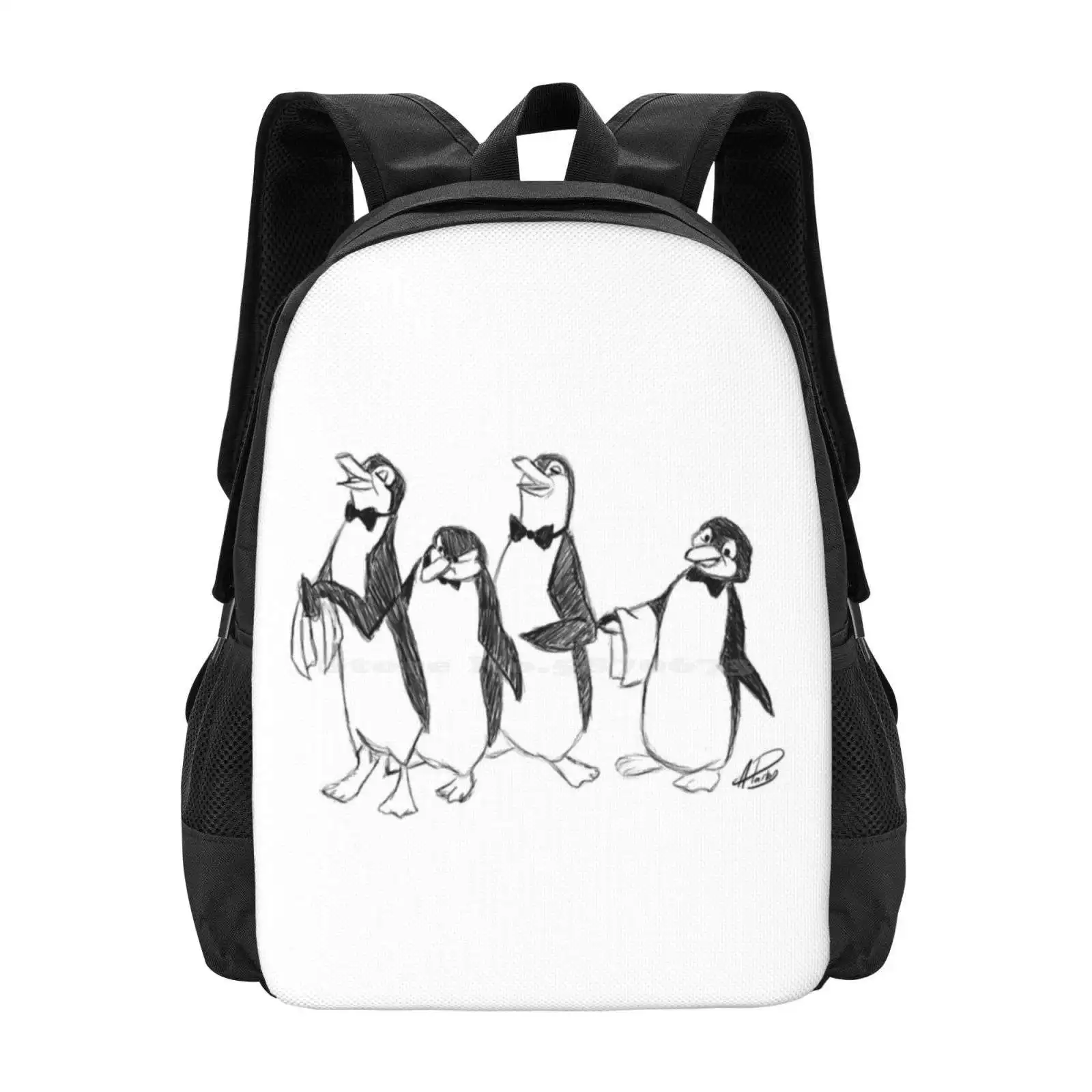 Penguins From Sketch Backpack For Student School Laptop Travel Bag Penguins Christmas Sketch Waitors Bow Tie Black And White