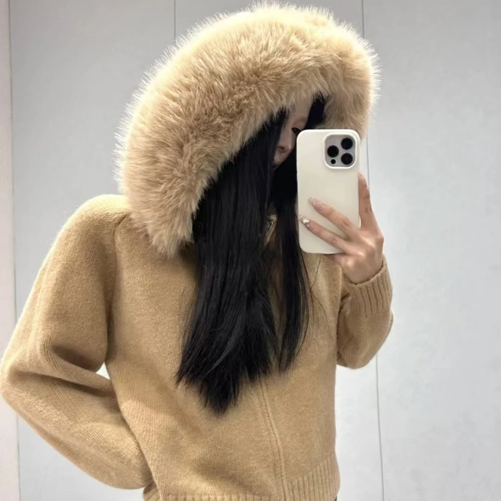 OFTBUY Real Fur Coat Women's Sweater Cardigan Women Spring Knitted Female Autumn Knitwear Hooded Real Fox Fur Coat Natural Fur
