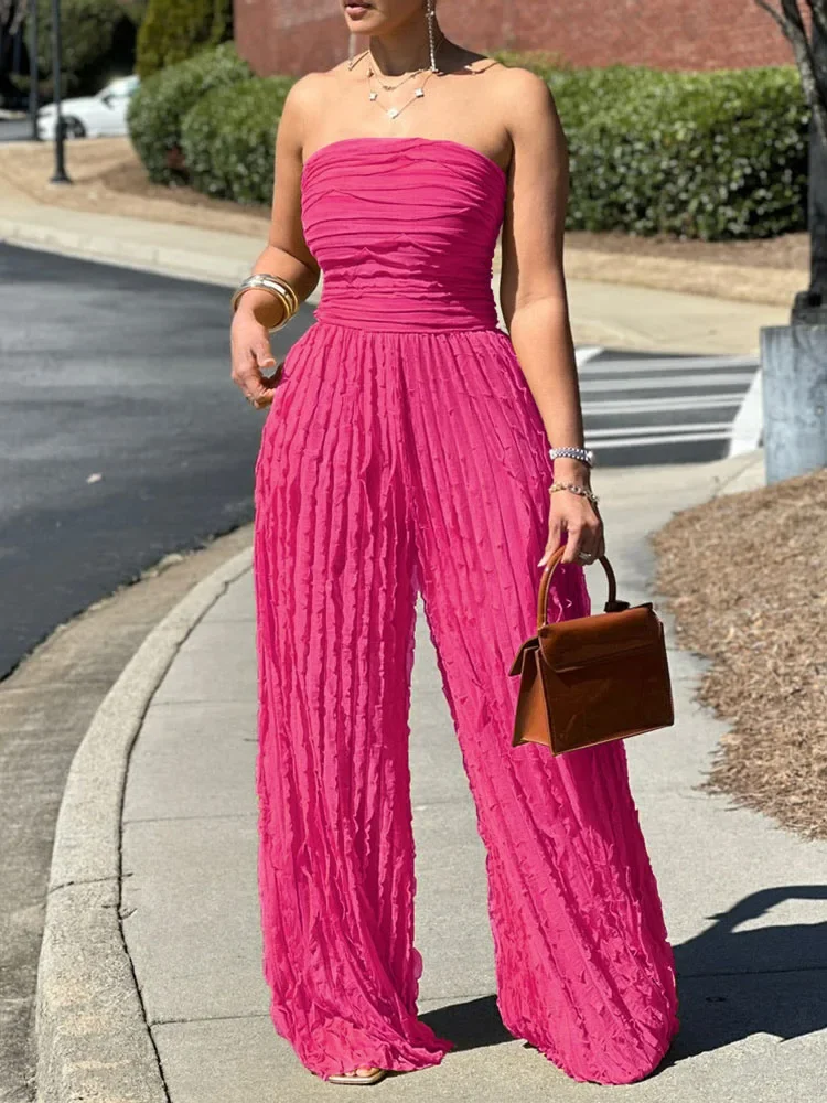 

Элегантный комбинезон без бретелек, женский комбинезон с высокой талией, широкие брюки, летний наряд, плиссированные цельные комбинезоны без рукавов, праздничный комбинезон