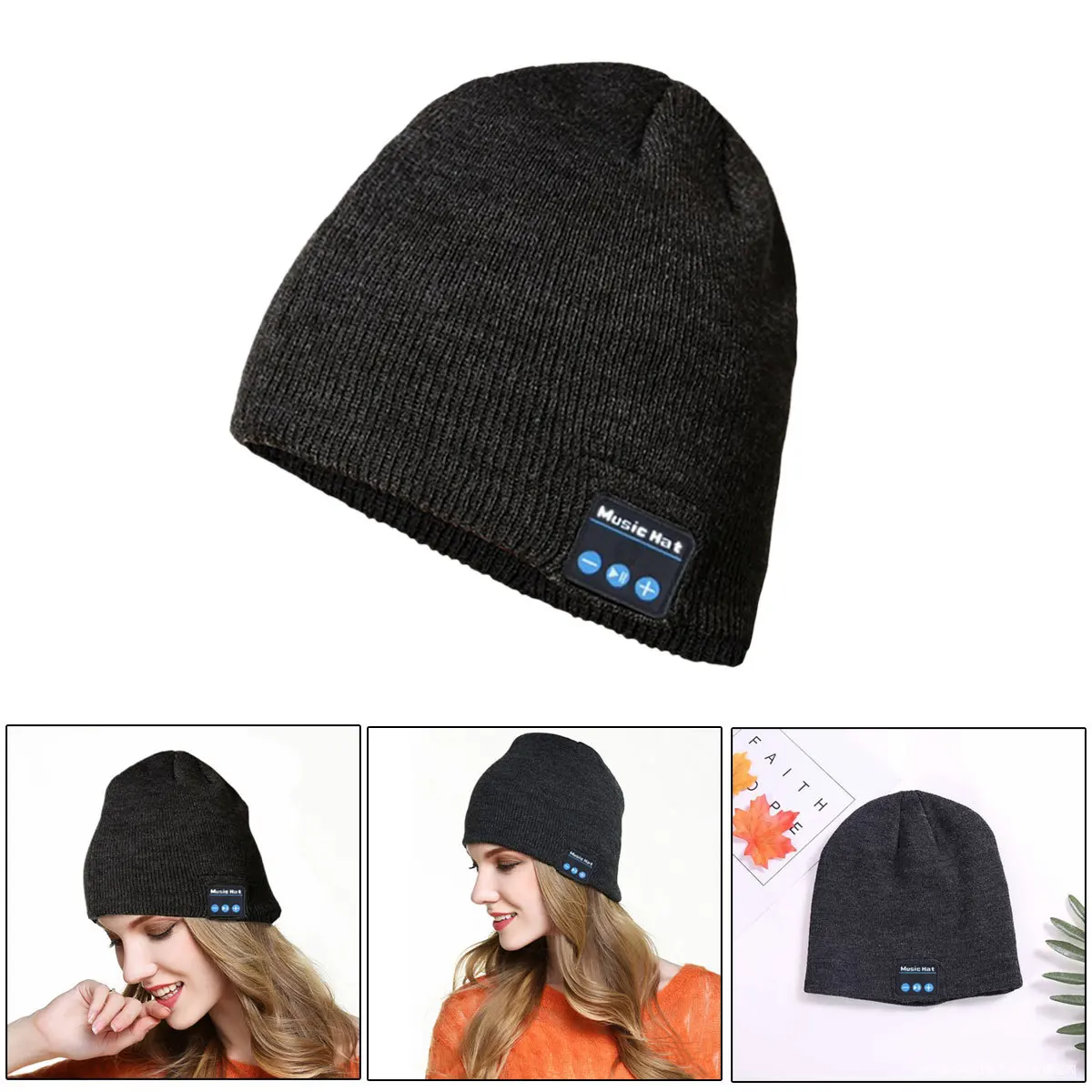 

Беспроводная гарнитура в виде шапки: темно-серая вязаная шапка-бини со встроенным микрофоном для звонков без помощи рук и воспроизведения музыки на улице