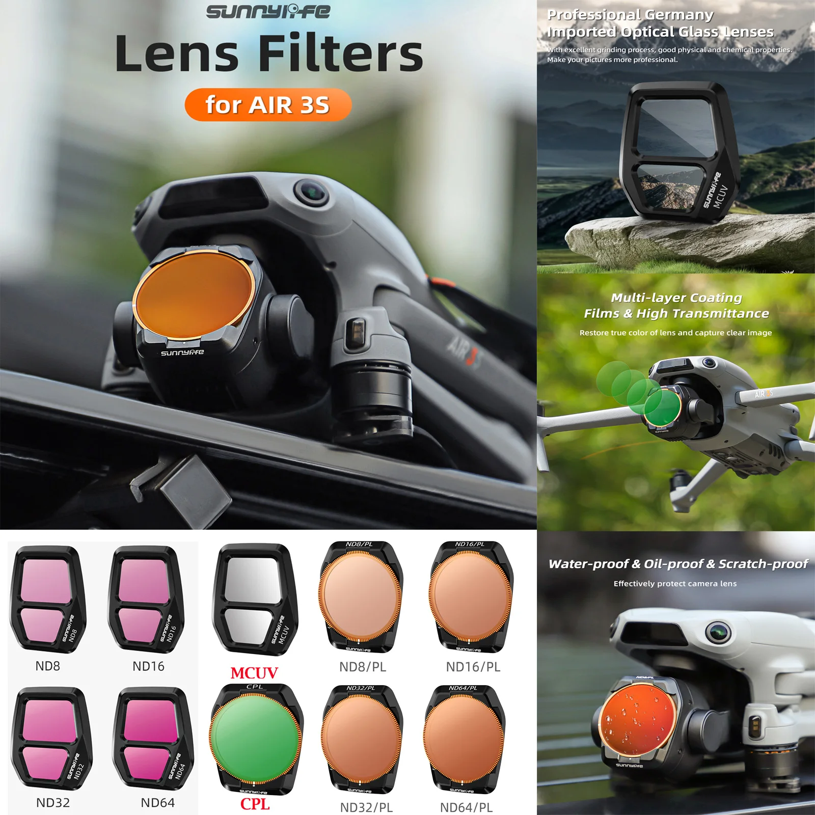 

Sunnylife Camera Lens Filter Set for DJI Air 3S UV CPL ND8/16/32/64 Optical Glass Neutral Density Filter Kit Drone Accessories