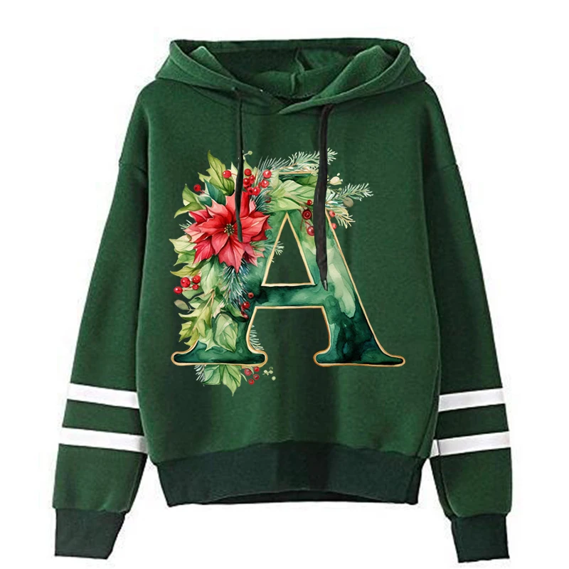 Loose Green Hoodie Vintage Floral Alphabet A-Z Print Women Hooded Aesthetic Fashion Flower Letter Series Sweatshirts Xmas Hoody