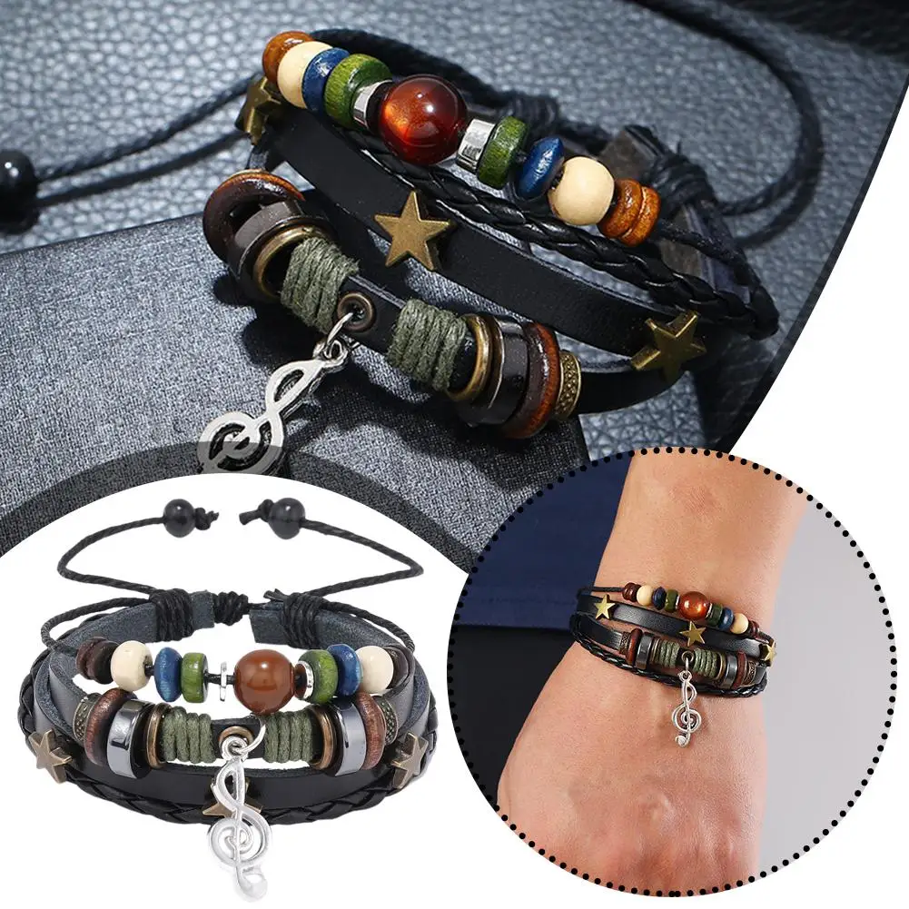 Vintage Boho Leather Bracelet for Men Women Handmade Gypsy Hippie Star G Clef Metal Charms Adjustable Wristband Unisex Gifts