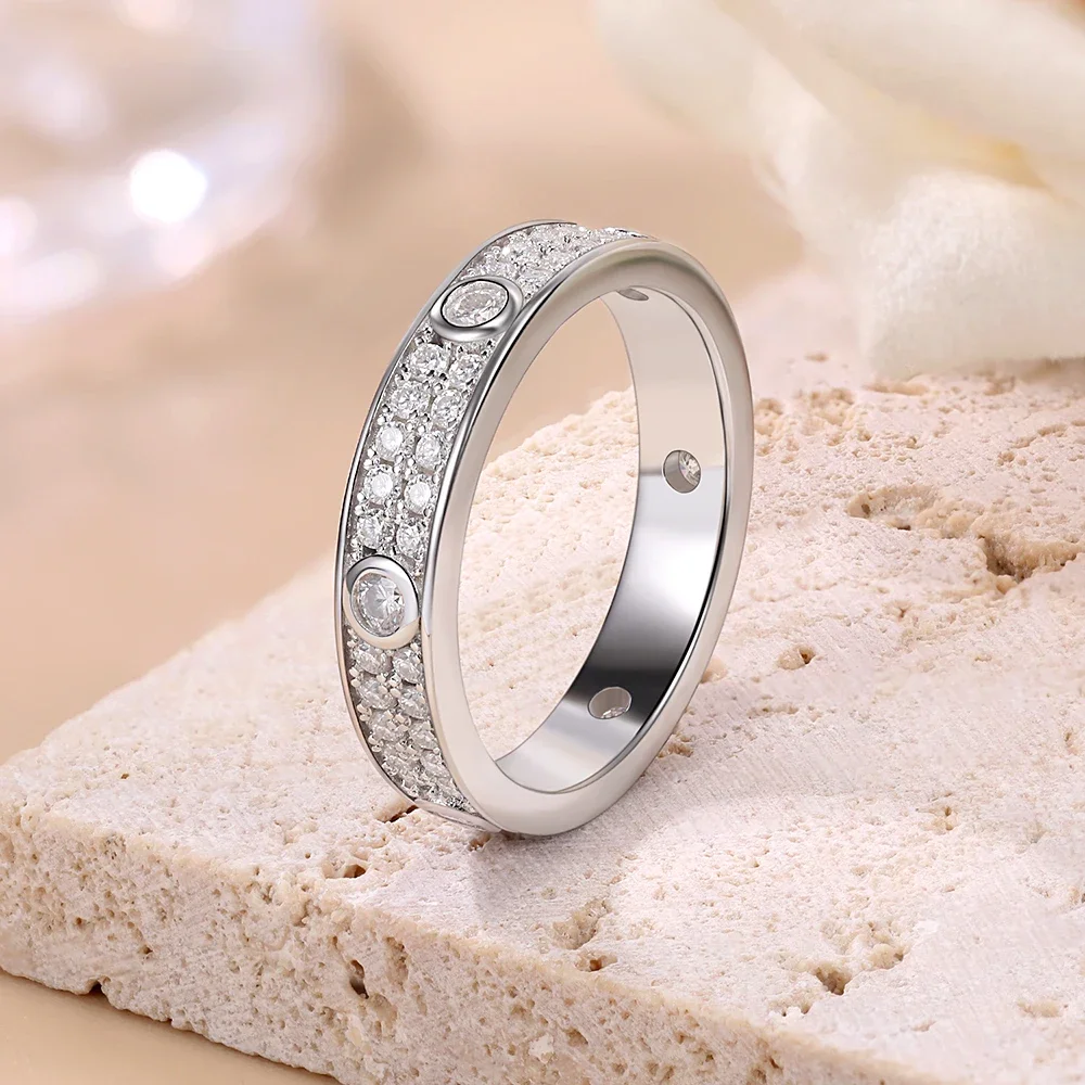 

925 Silver Couple Rings 2.0mm Full Moissanite Band Eternity Ring for Women Engagement Ring Plated 18K White Gold Fine Jewelry