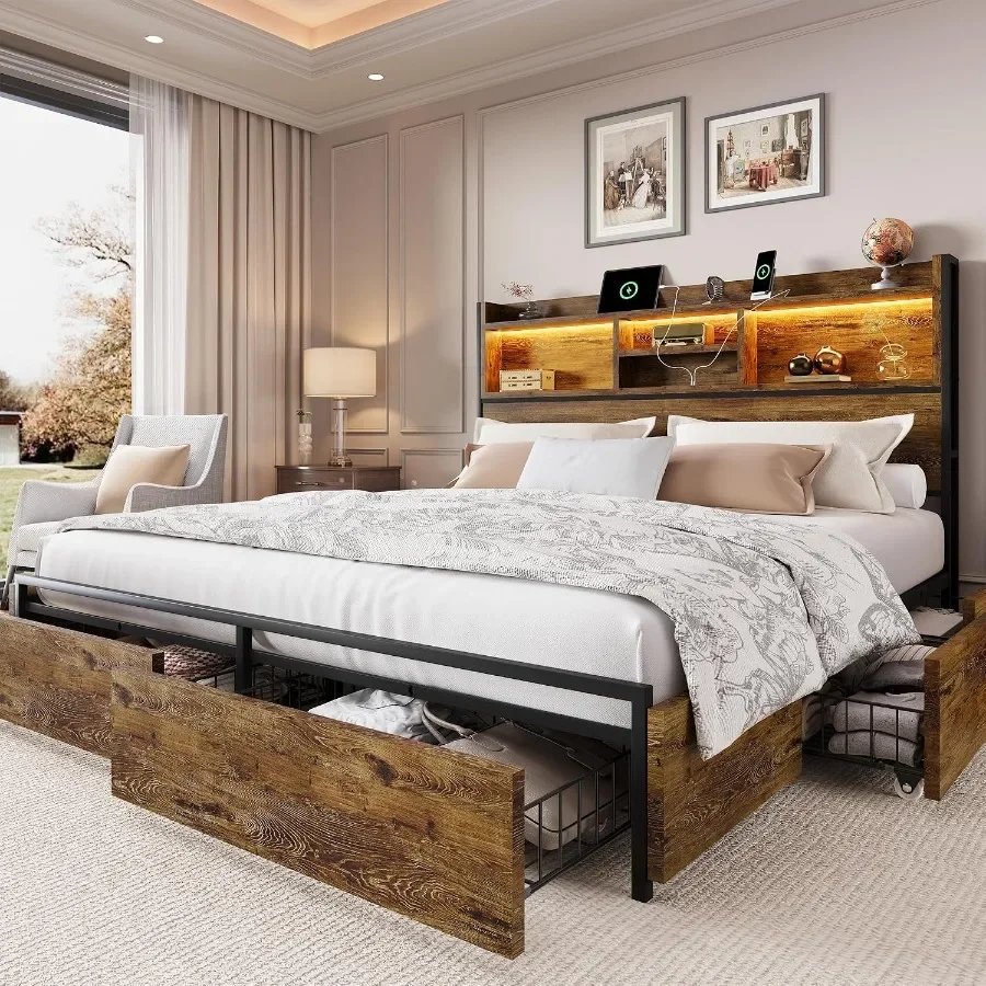 Queen Size Bed Frame with 6 Storage Drawers and Headboard Wooden Platform Bed Frame with LED Lights and Charging Station Easy A