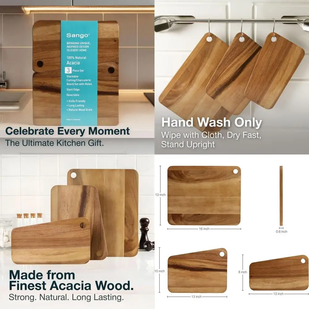 

Штабелируемые деревянные разделочные доски из трех частей с наклонным краем и отверстиями для подвешивания, двусторонние для кухни, нетоксичные, идеально подходят для столешницы