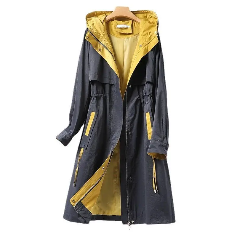 

Blue Made Hooded Trench Coat Women Mid-length Model 2023 Spring Autumn New Loose Cargo Wear Leisure Time Small Casual Coat