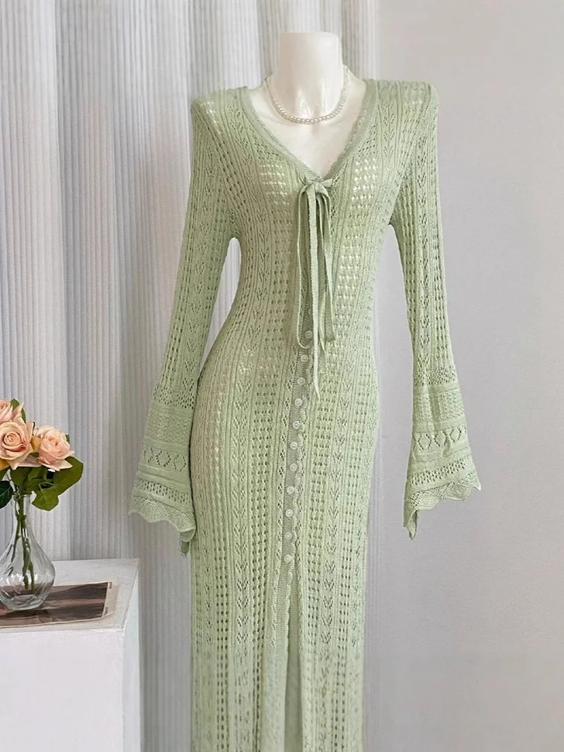 

Mid-Long Cardigans Old Money Womens Autumn Kintted Slim-Fit Spliced Lantern Knot Striped Curved Neck Formal Japanese-Style Daily