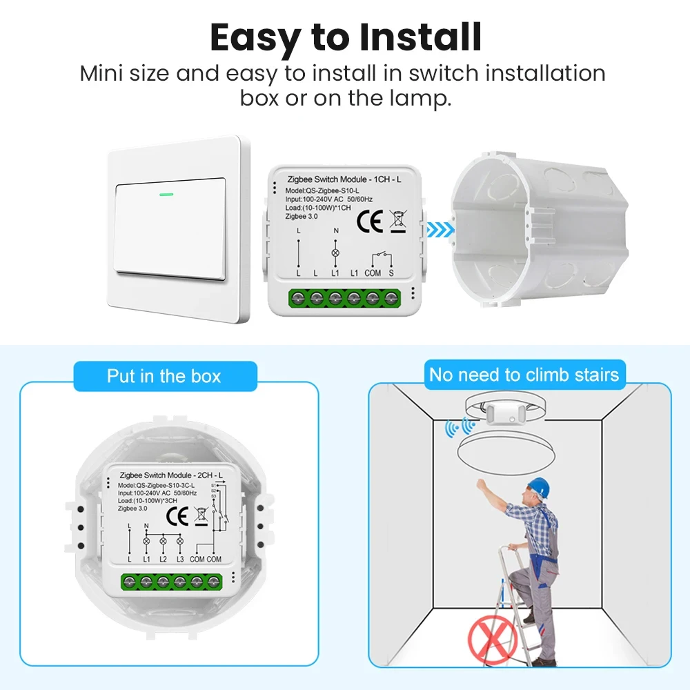 Tuya ZigBee 3.0 Smart Light Switch Module No Neutral  Wire  Required 1/2/3Gang Works with Alexa Google Home Support 2 Way Contro