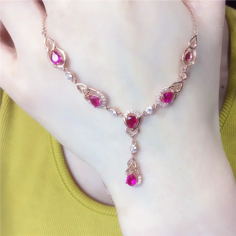 585 Purple Gold Plated 14K Rose Inlaid Water Drop Ruby Pendant new in Chain Necklace Luxury Wedding Fashion Dinner Jewelry Gift