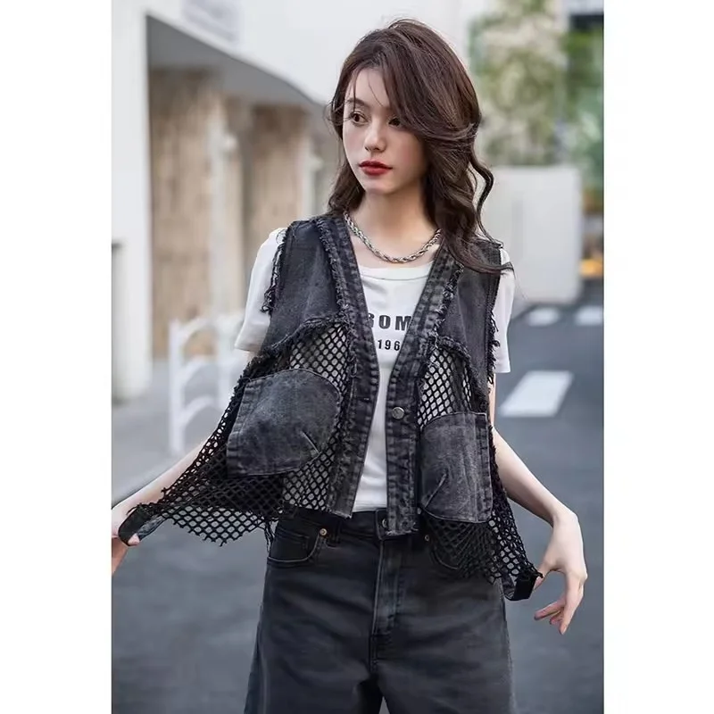 

Spring Summer New Design Sense Unique Vest Female Stacking Wear Women Mesh Splicing Washed Hollow-out Denim Vest Jacket Lady Top