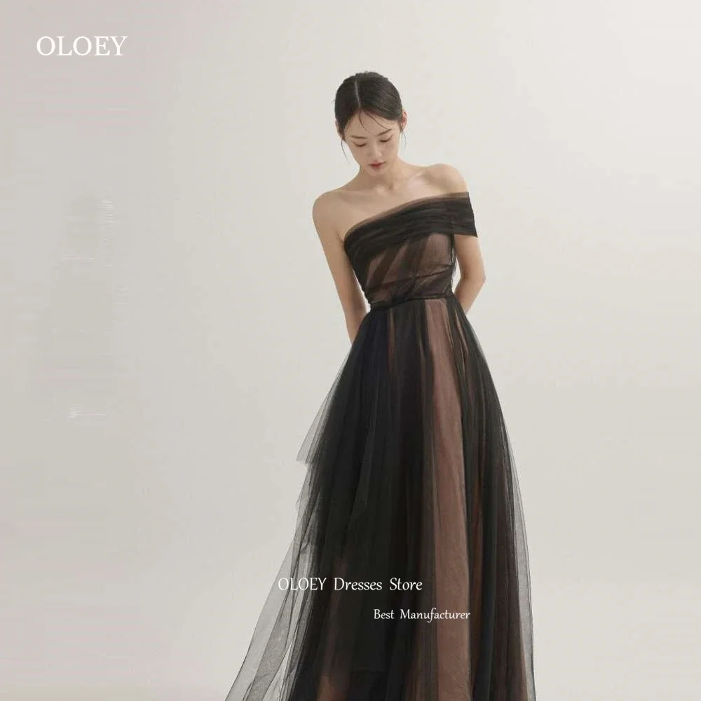 Giyu  One Shoulder Fairy Black Evening Dresses Wedding Photo shoot Tulle Korea Party Formal Prom Gowns Corset Back Floor Length