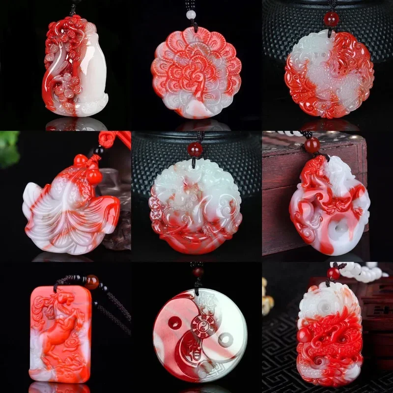 

Natural Red White Jade Dragon Pixiu Fish Pendant Necklace Charm Jewellery Fashion Accessories Hand-Carved Man Luck Amulet Gifts