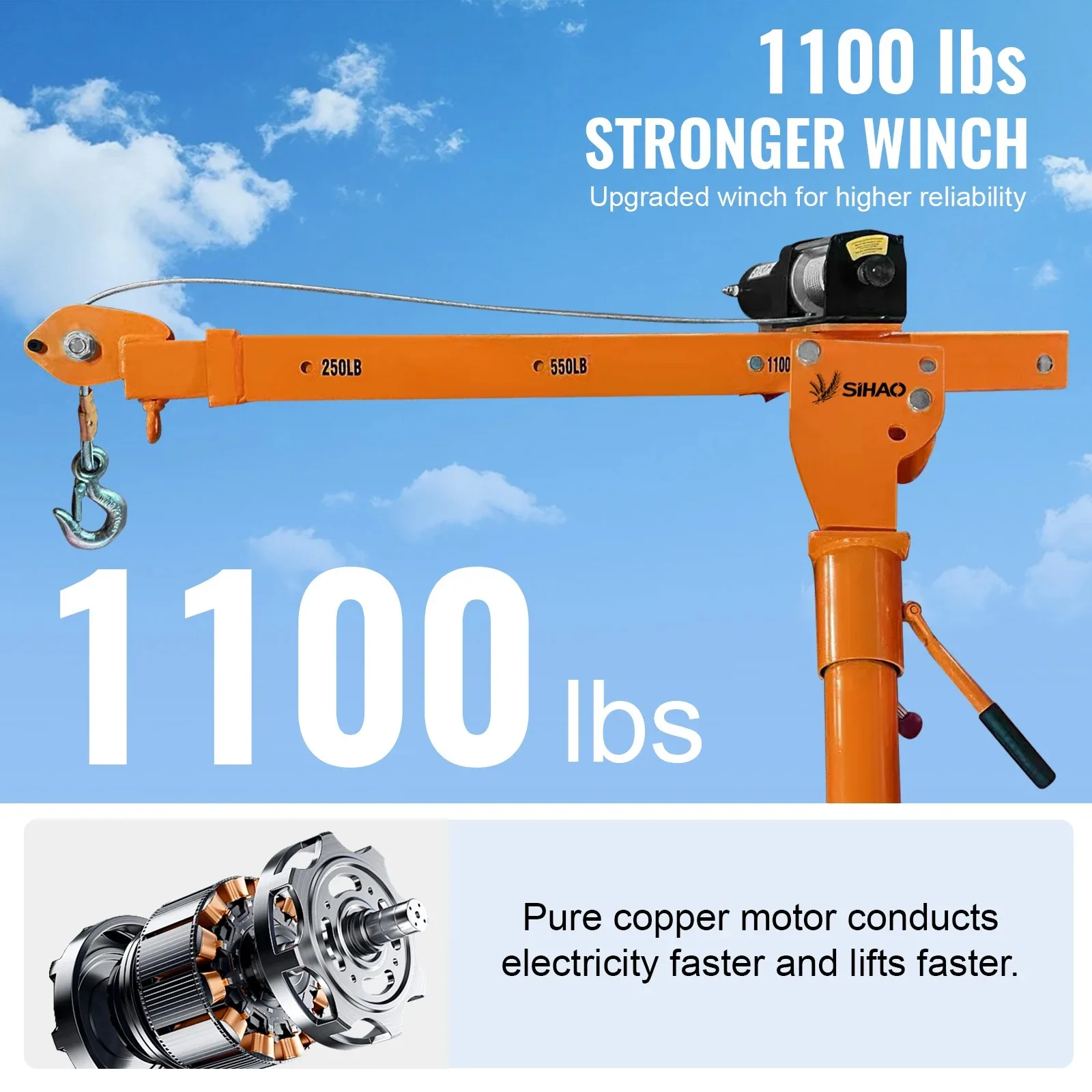 SIHAO Foldable Vehicle‑Mount Lifting Crane 3500LBS | 360° Rotatable Swivel Jib Hoist, Embedded 1100LBS Electric Winch, Heavy‑Duty Portable Cargo Lifting Tool for Pickup Truck and Trailer Loading Operations
