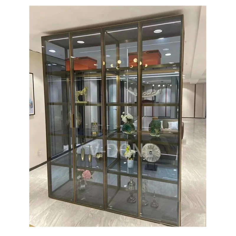 Vitrine d'armoire en aluminium en verre, vitrines d'objets de collection, lumières LED personnalisées, conception commerciale personnalisée, verre trempé